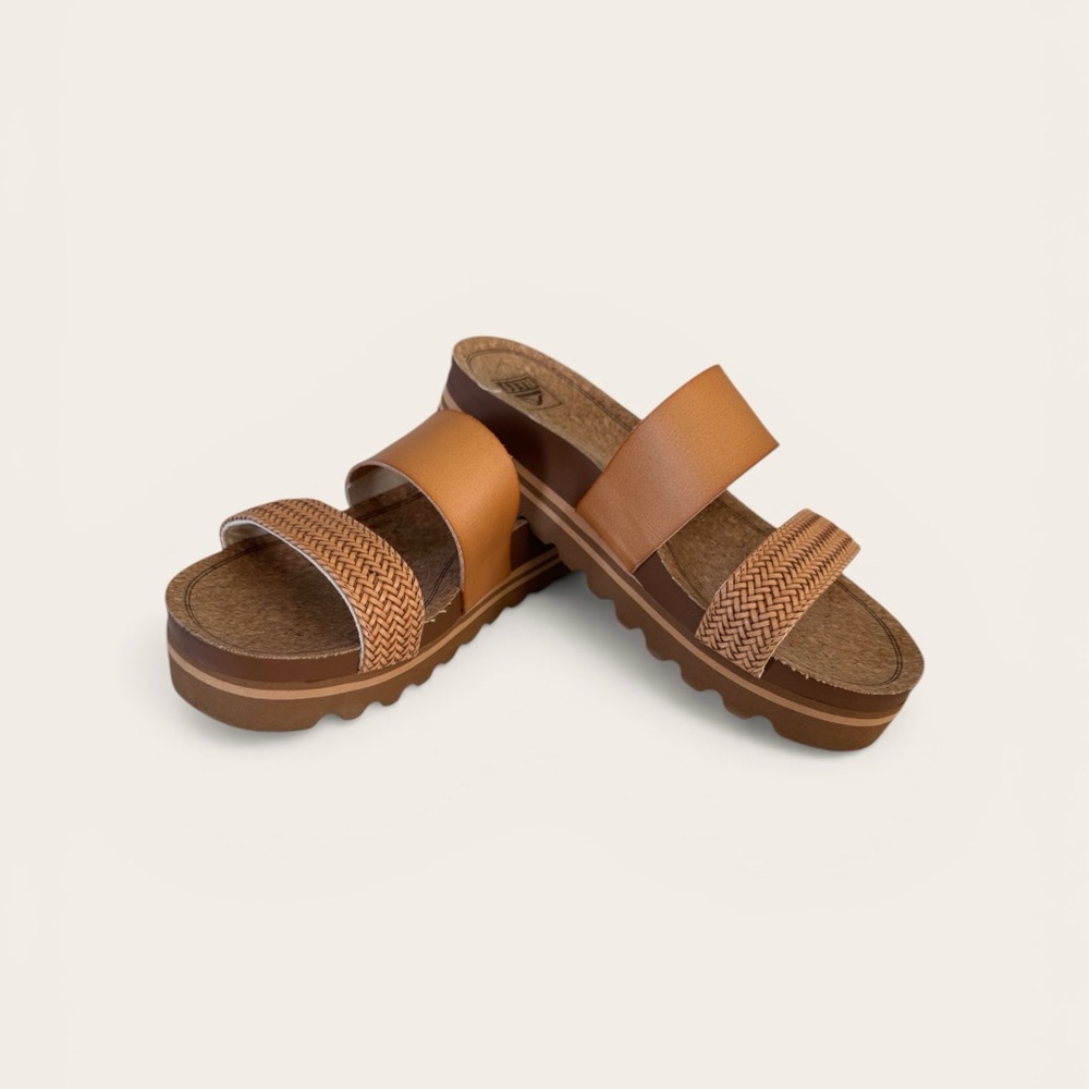 Reef Tan Brown Double-Strap Platform Slide Sandals